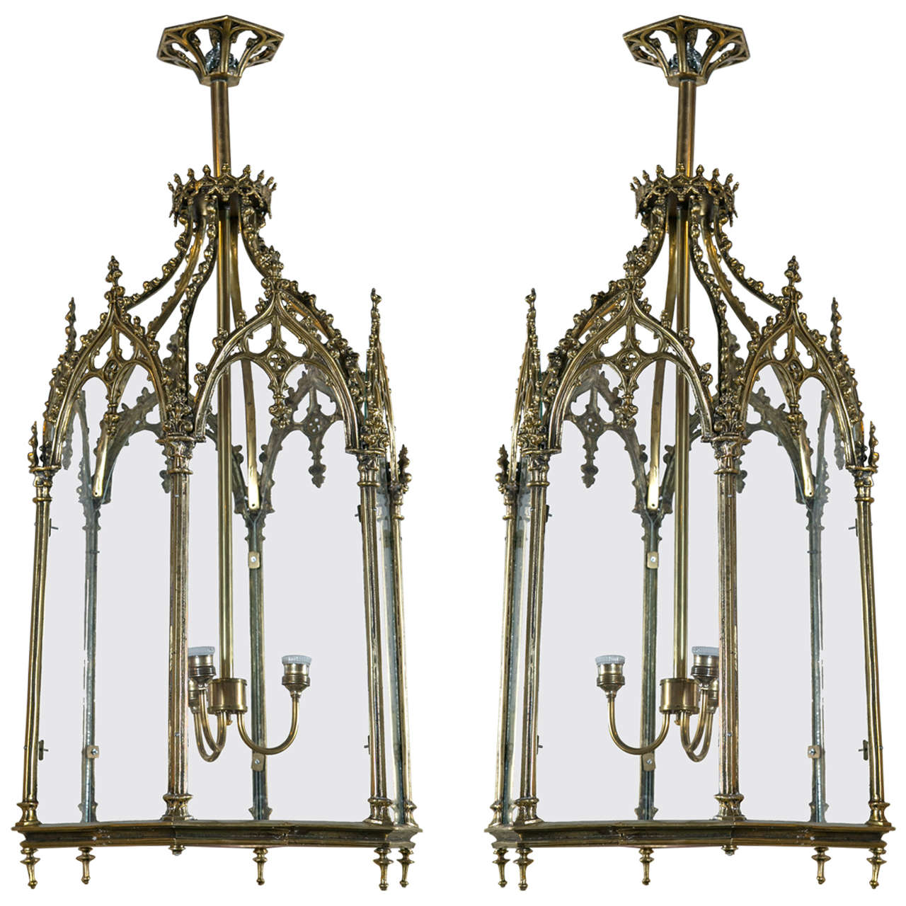 Pair of Polygon Bronze and Glass Antique Lanterns