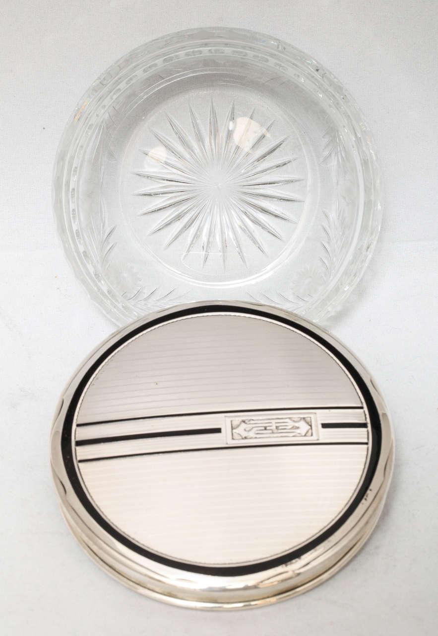 Art Deco Sterling Silver, with Black Enamel Mounted Powder Jar For Sale at 1stDibs