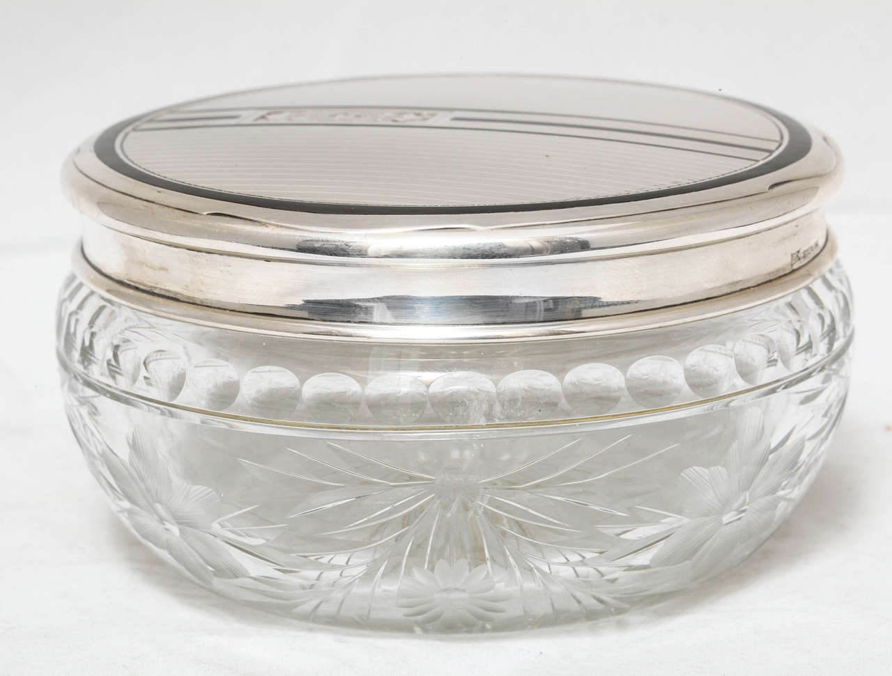 Art Deco Sterling Silver, with Black Enamel Mounted Powder Jar For Sale