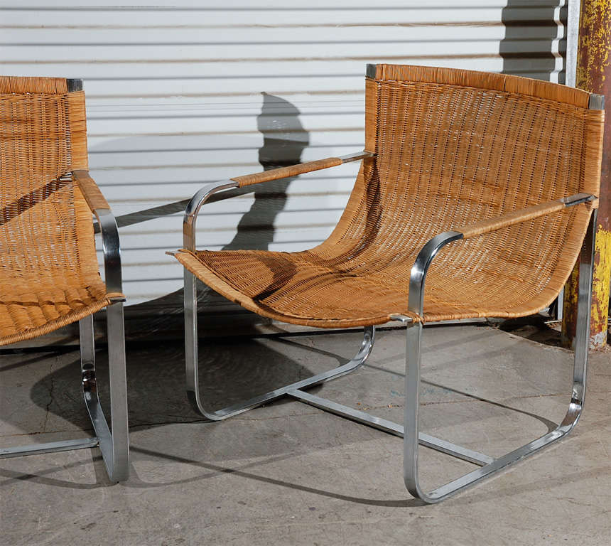 Danish Pair of Wicker and Chrome Armchairs