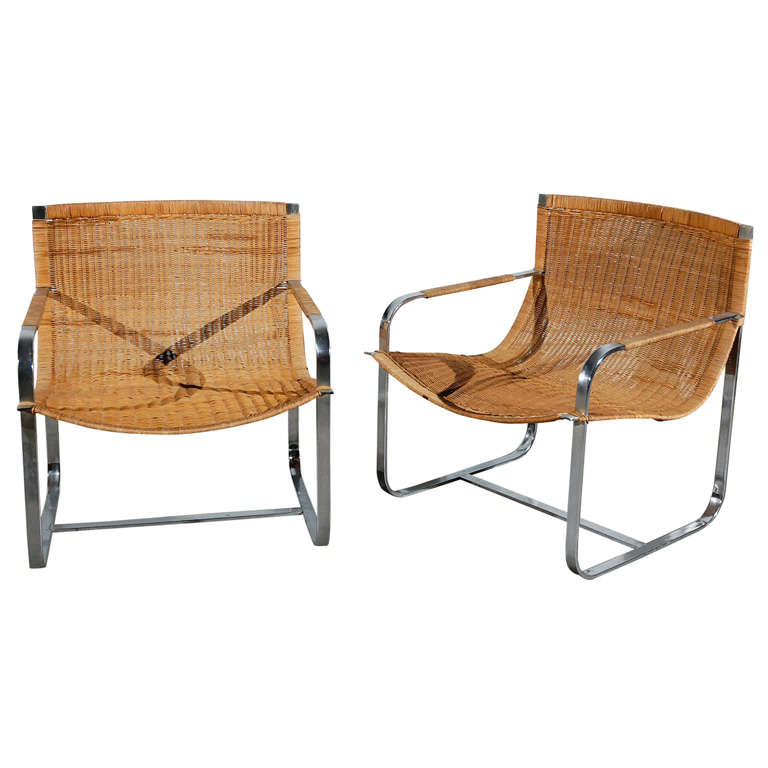 Pair of Wicker and Chrome Armchairs