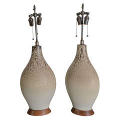 Pair of Glazed Pottery Lamps on Wood Base