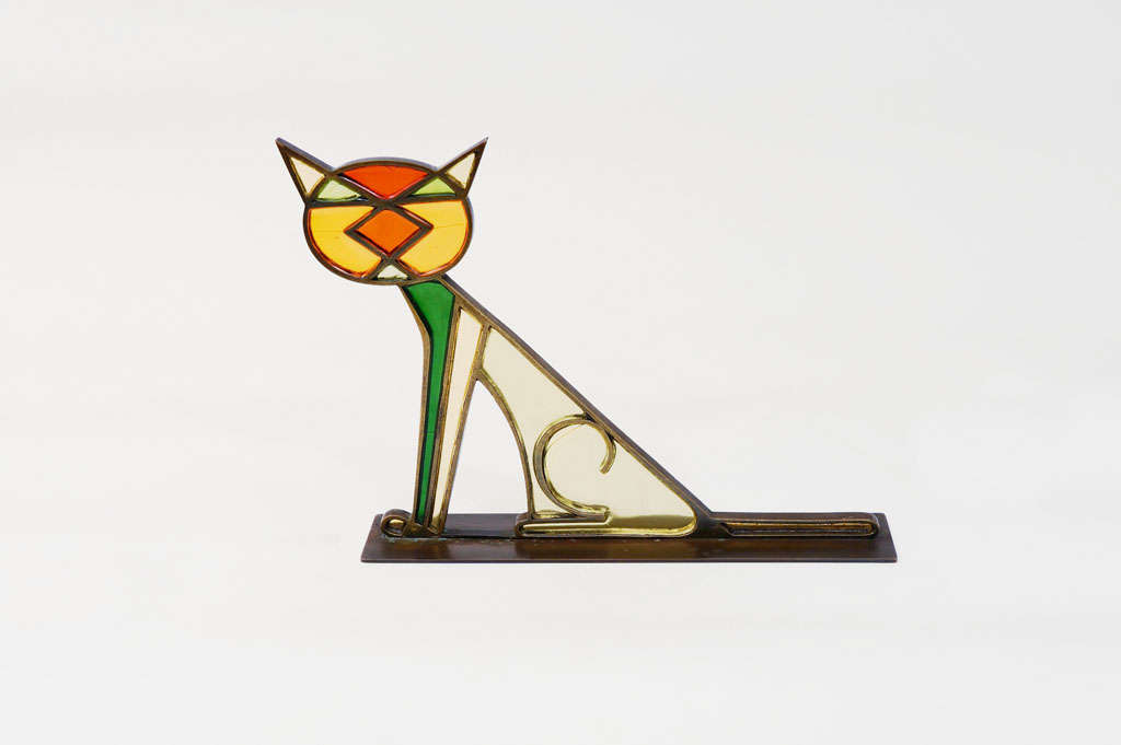 Hagenauer Bronze cat with red, yellow, green and orange celluloid. Signed: Hagenauer Wien, handmade, wHw.