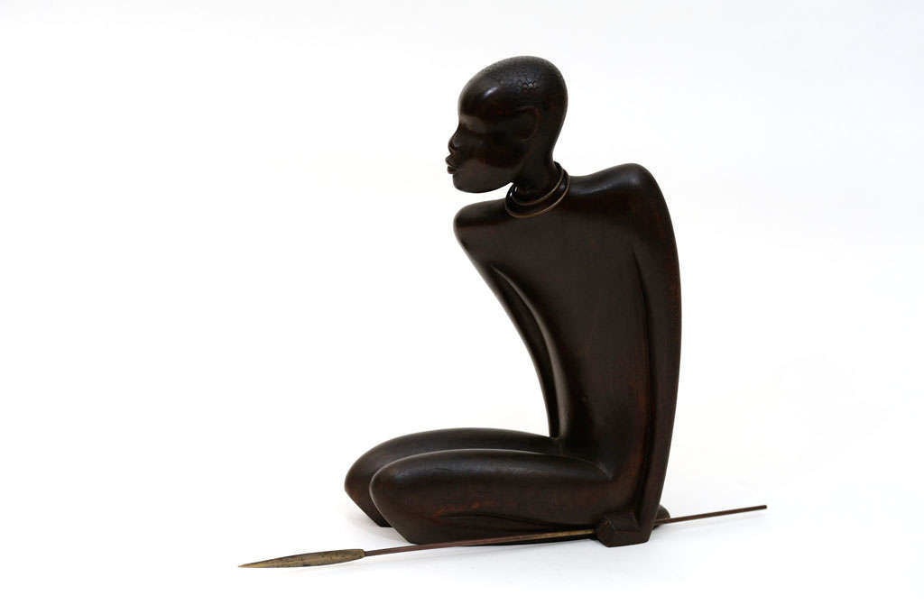 Hagenauer Large Wood and Bronze African Warrior Sculpture