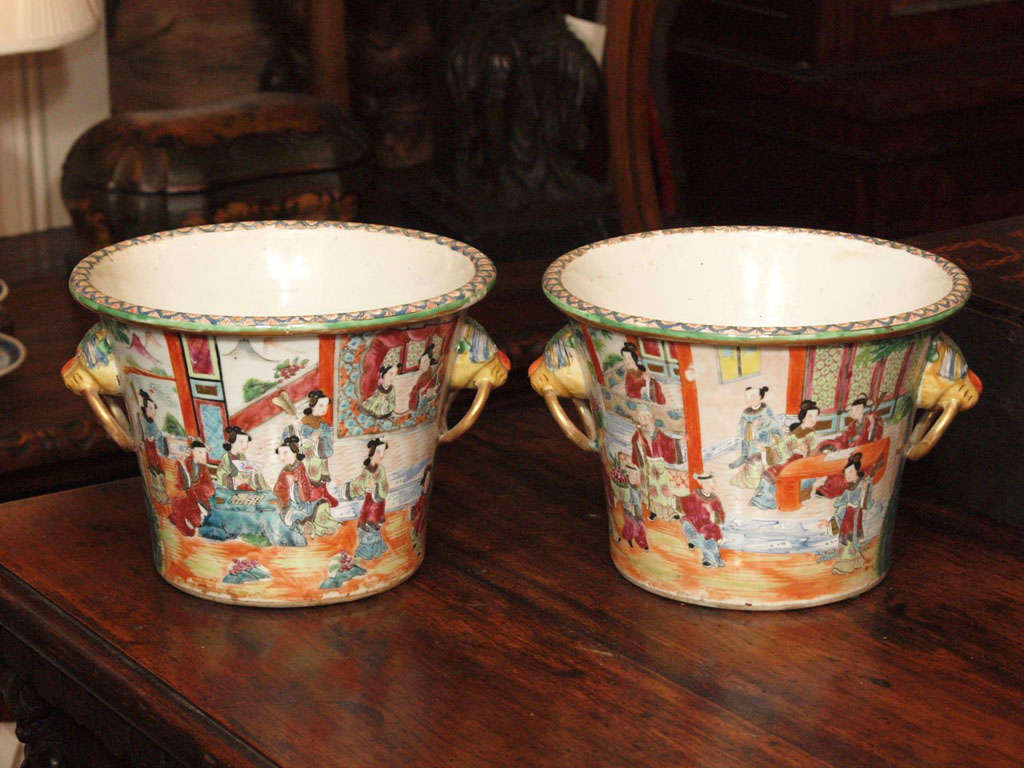 Early 19th c. Rose Medallion (famille rose) Chinese Cache Pots 
with lion handles with rings. Excepteional painting