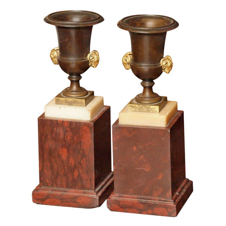 PAIR OF FRENCH ROUGE MARBLE AND BRONZE URNS For Sale