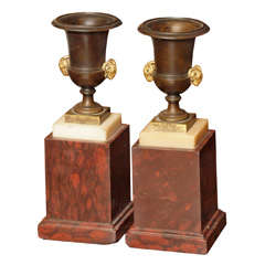 PAIR OF FRENCH ROUGE MARBLE AND BRONZE URNS