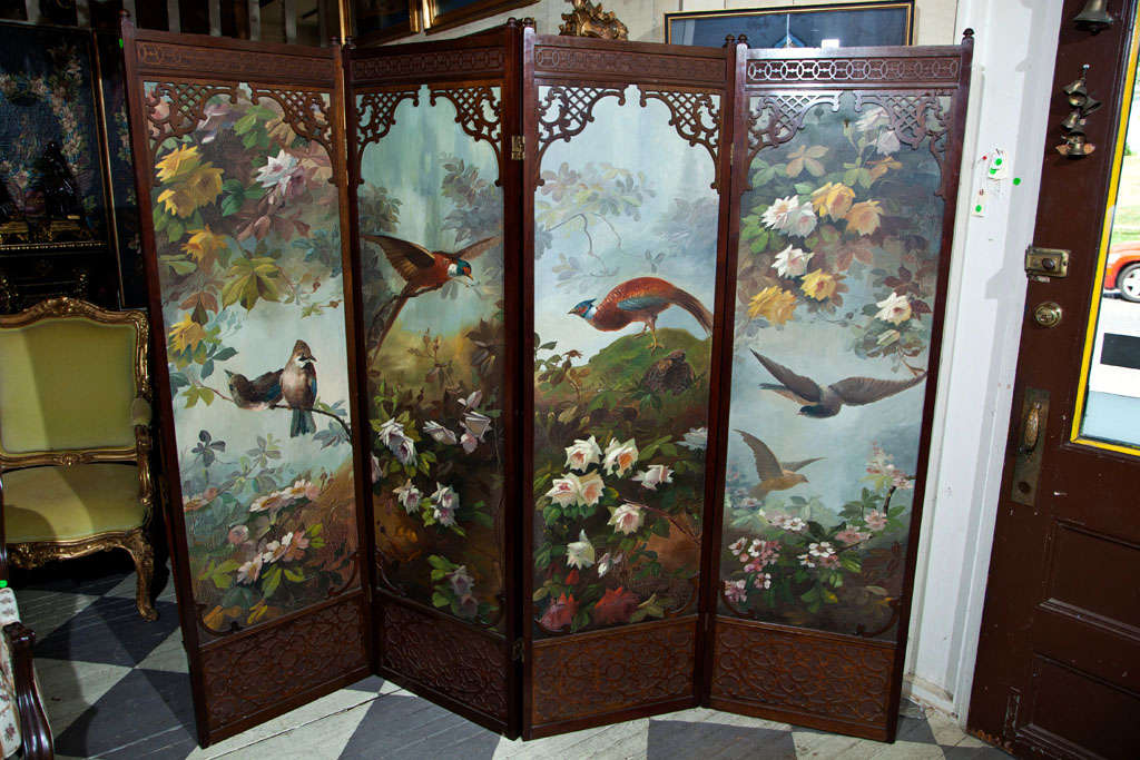 Four Panel Painted Folding Screen For Sale at 1stdibs