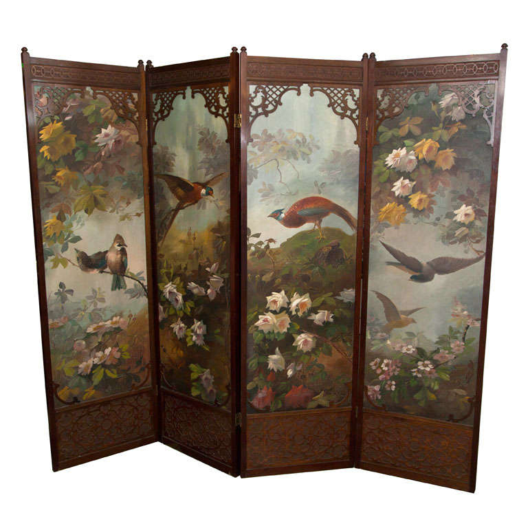 Four Panel Painted Folding Screen For Sale at 1stdibs