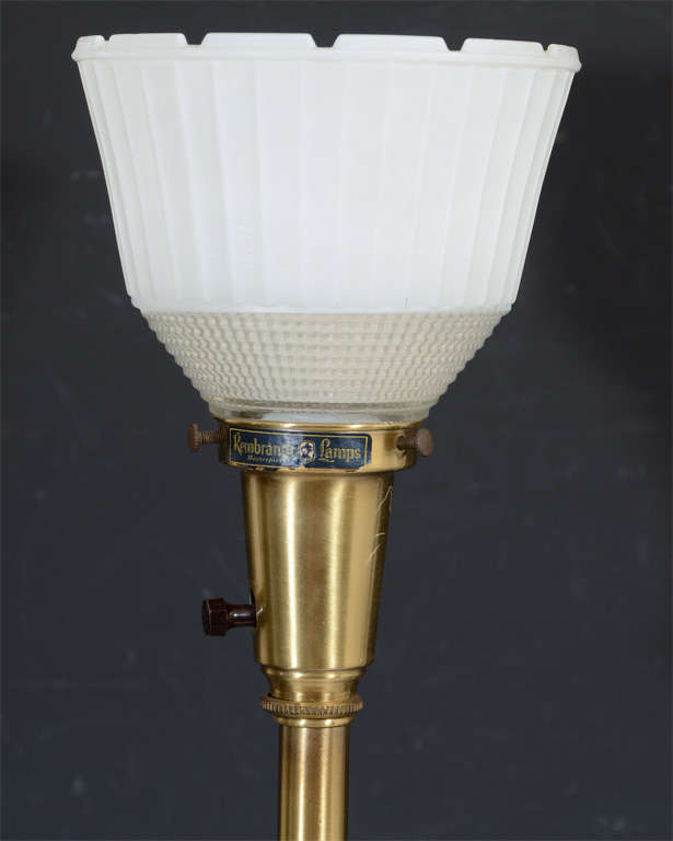 Mid-20th Century Pair of Flower Form Brass Table Lamps with Milk Glass Shades