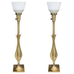 Pair of Flower Form Brass Table Lamps with Milk Glass Shades