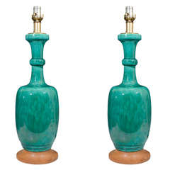 Pair of Mid Century Turquoise Green Ceramic Lamps
