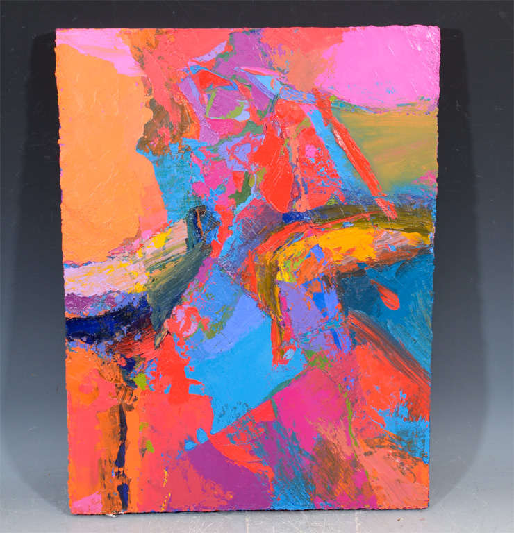 An oil on canvas abstract expressionist painting titled "Pushing Color". The piece is rendered in vibrant colors and is signed on the reverse by American artist Jean Sampson.

