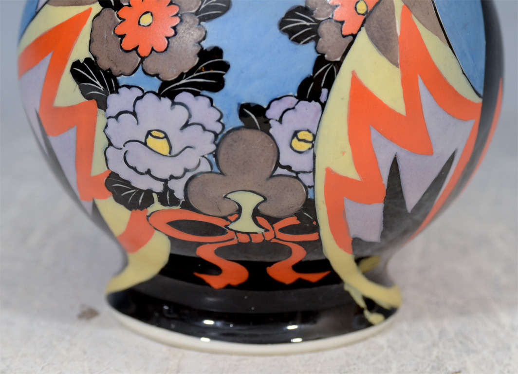 Japanese Art Deco Porcelain Vase with Flowers and Female Figures In Good Condition In New York, NY