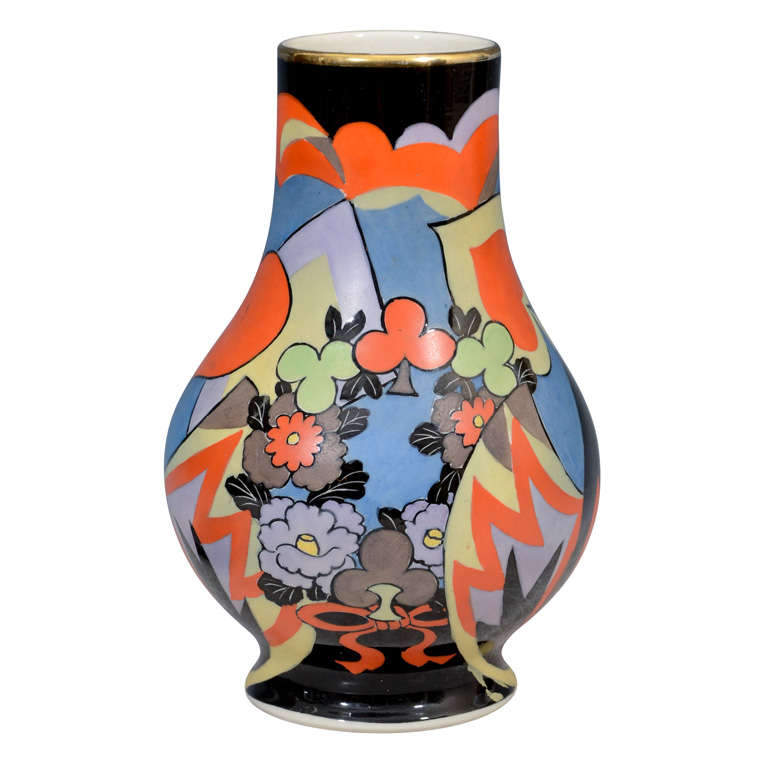 Japanese Art Deco Porcelain Vase with Flowers and Female Figures