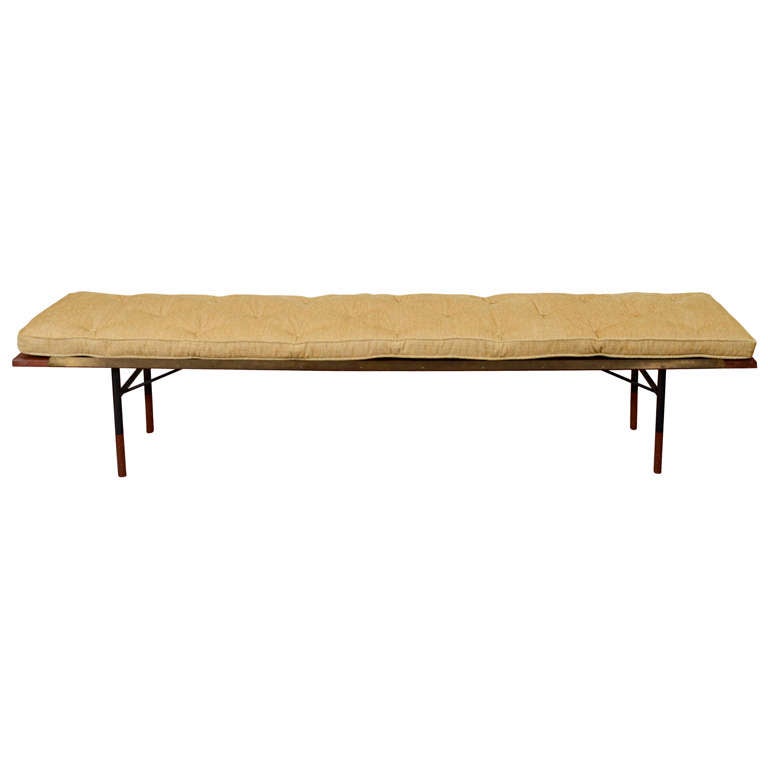 Mid Century Danish Modern Long Bench Gold-Tone Cushion
