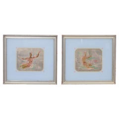 Pair of Art Deco Paintings on Glass w/ Flowers and Figures