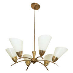 Mid Century Brass and Frosted Glass German Chandelier