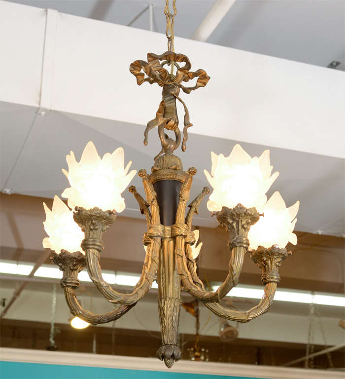 Art Deco Period French 5 Arm Chandelier W Glass Flower Shades At A Vintage French Chandelier In Patinated Bronze With Five Lights Each Frosted Glass Shade Is