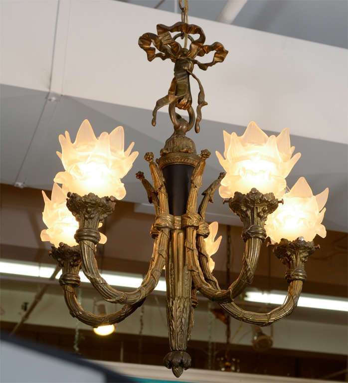 Art Deco Period French 5 Arm Chandelier W Glass Flower Shades At 20th Century Art Deco Period French 5 Arm Chandelier W Glass Flower Shades For