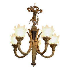 Art Deco Period French 5-Arm Chandelier w/ Glass Flower Shades