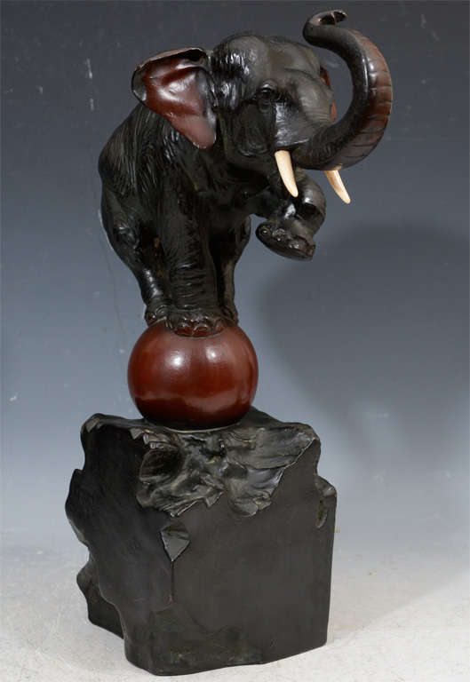 Antique Japanese Bronze of Elephant on a Ball; Meiji Period 1