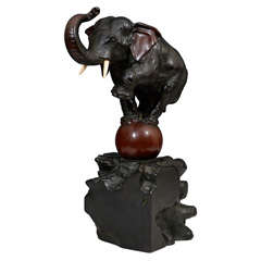 Antique Japanese Bronze of Elephant on a Ball; Meiji Period