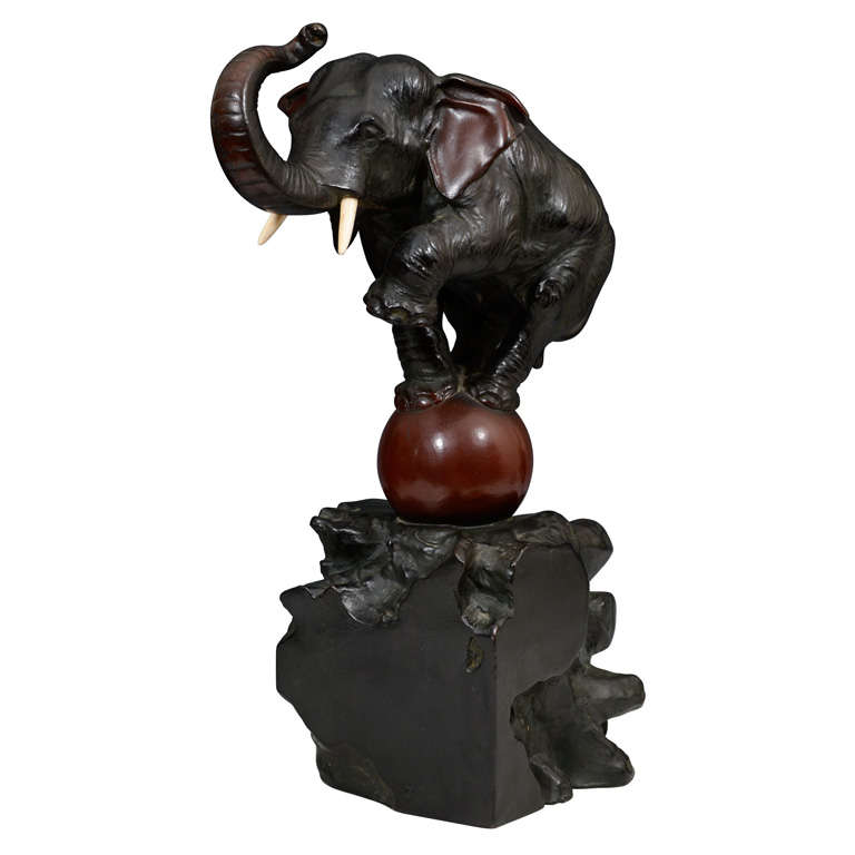 Antique Japanese Bronze of Elephant on a Ball; Meiji Period