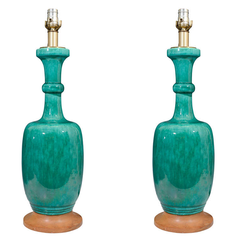 Pair of Mid Century Turquoise Green Ceramic Lamps at 1stDibs