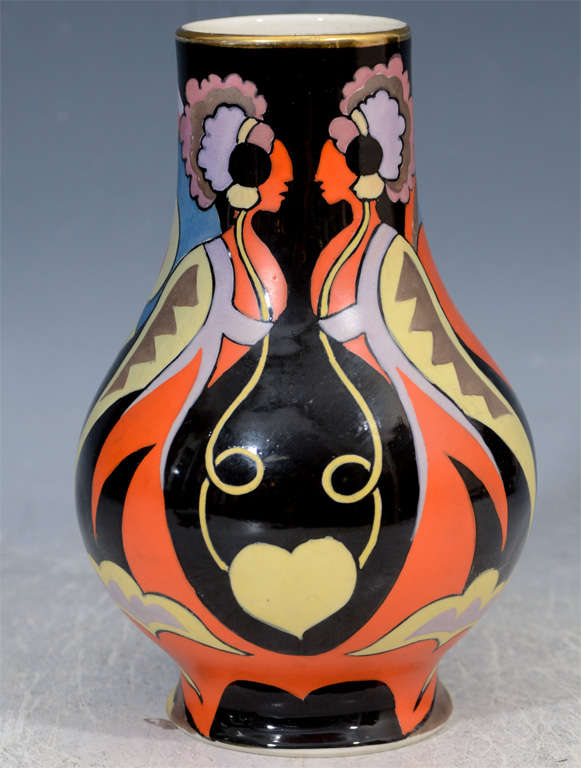 Japanese Art Deco Porcelain Vase with Flowers and Female Figures at 1stdibs