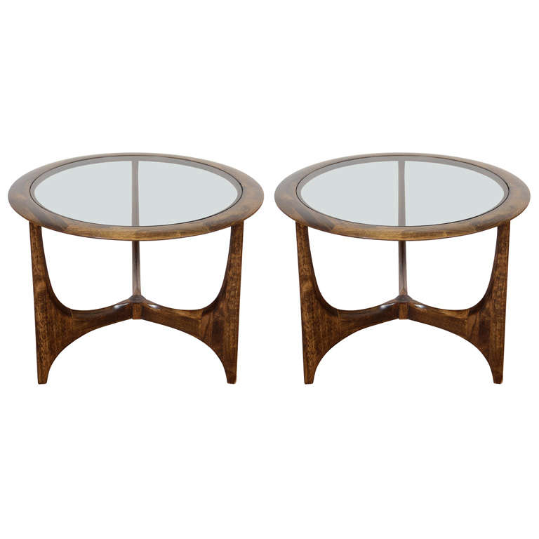 Pair of Mid Century Circular Tripod Side Tables by Lane at 1stDibs