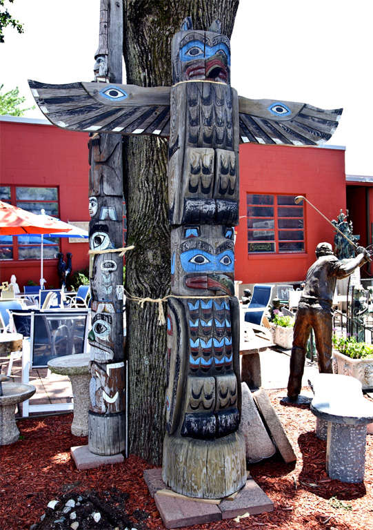 All original paint. Beautifully carved. This totem pole depicts a thunderbird and an owl. The thunderbird in Native American Mythology is popular among various Native American and First Nation peoples.The thunderbird is a great supernatural bird who