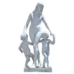 Large Marble Nude Mother and Children Statue by C. A. Hafner S.C.