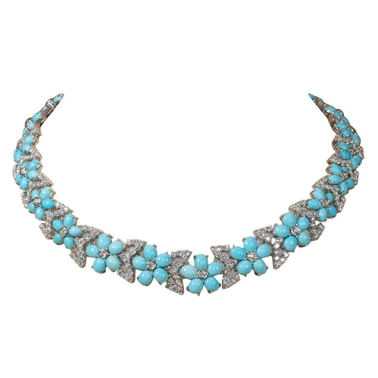 A Stunning White Gold,  Turquoise and Diamond Necklace For Sale