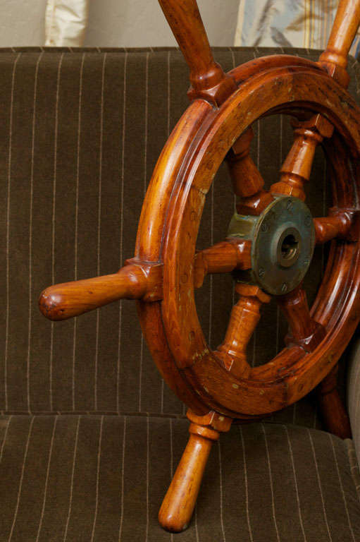 Mid-20th Century Nautical Hardwood and Brass Ship Wheel