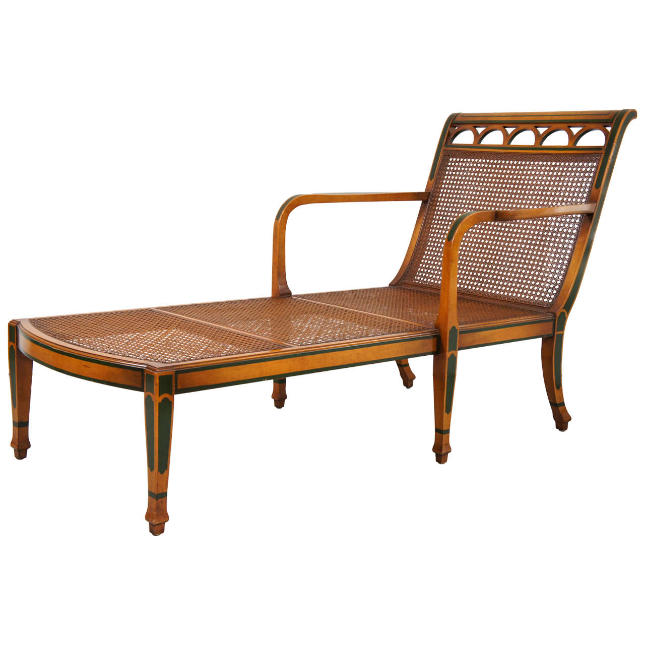 1940's Decorated Satinwood and Caned Chaise Lounge For Sale