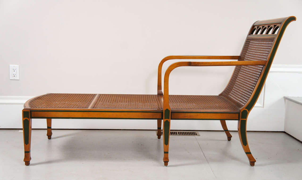 Hollywood Regency 1940's Decorated Satinwood and Caned Chaise Lounge For Sale