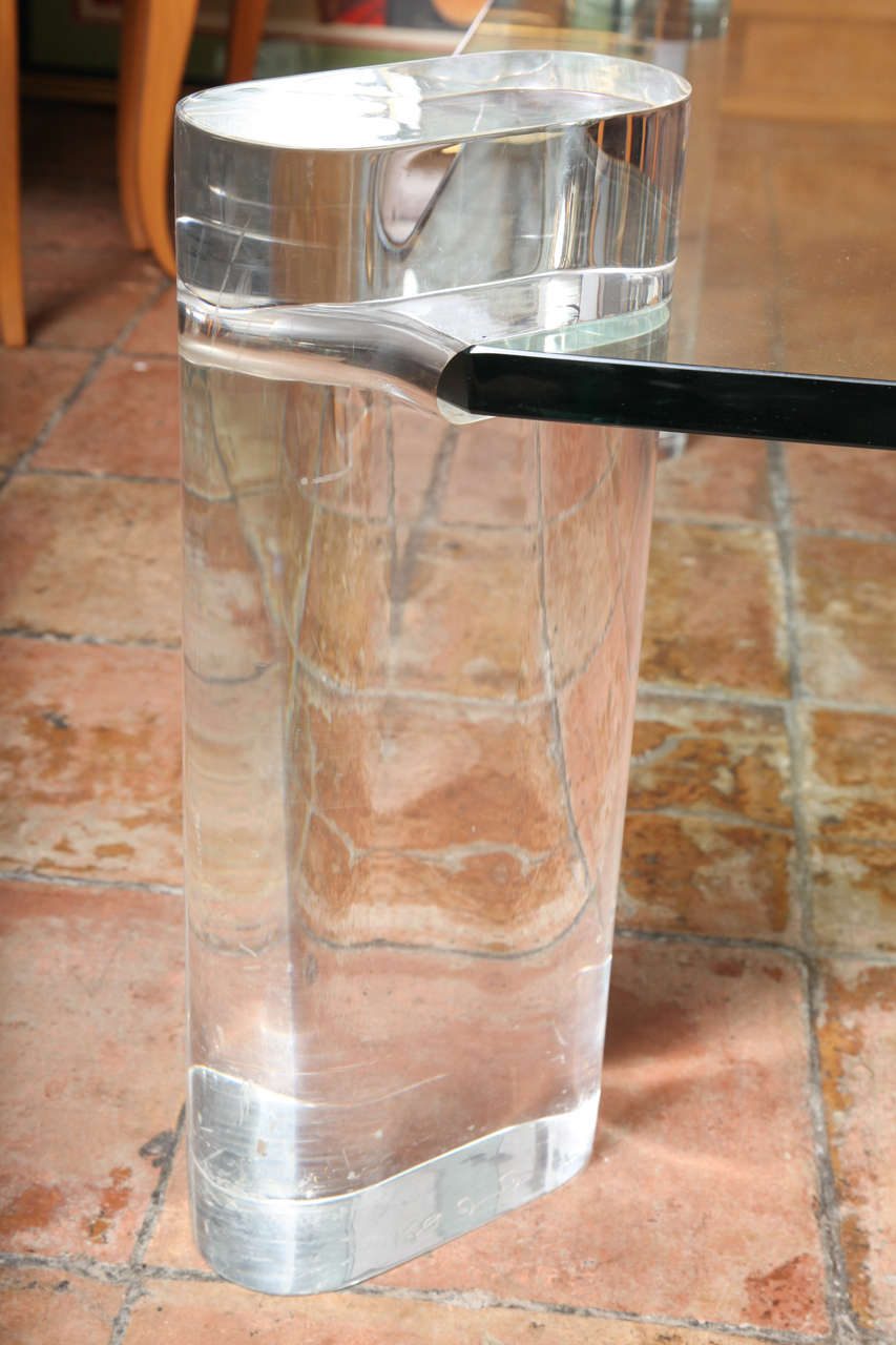 American Karl Springer Thick Lucite Leg And Glass Coffee Table