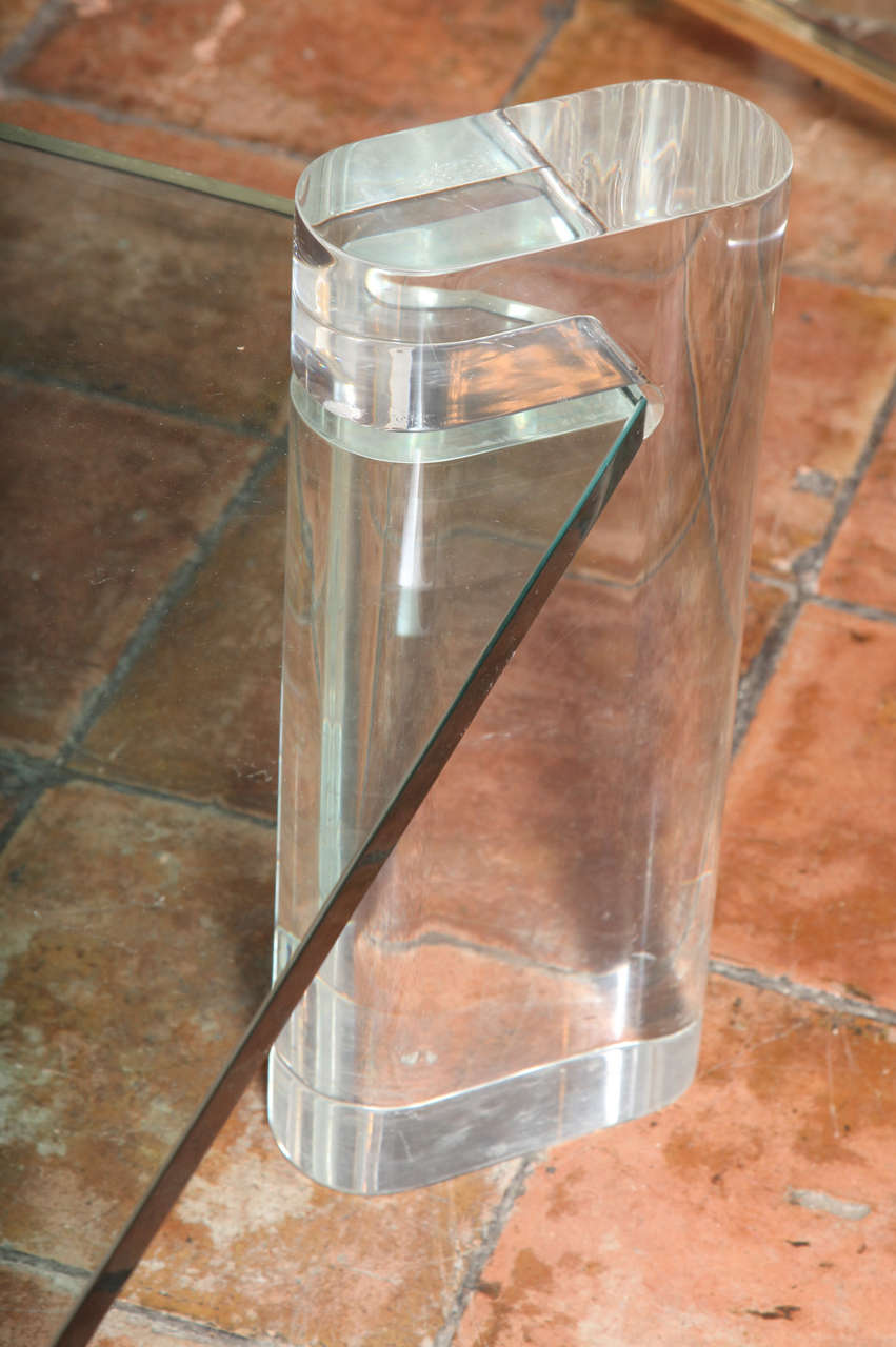 20th Century Karl Springer Thick Lucite Leg And Glass Coffee Table