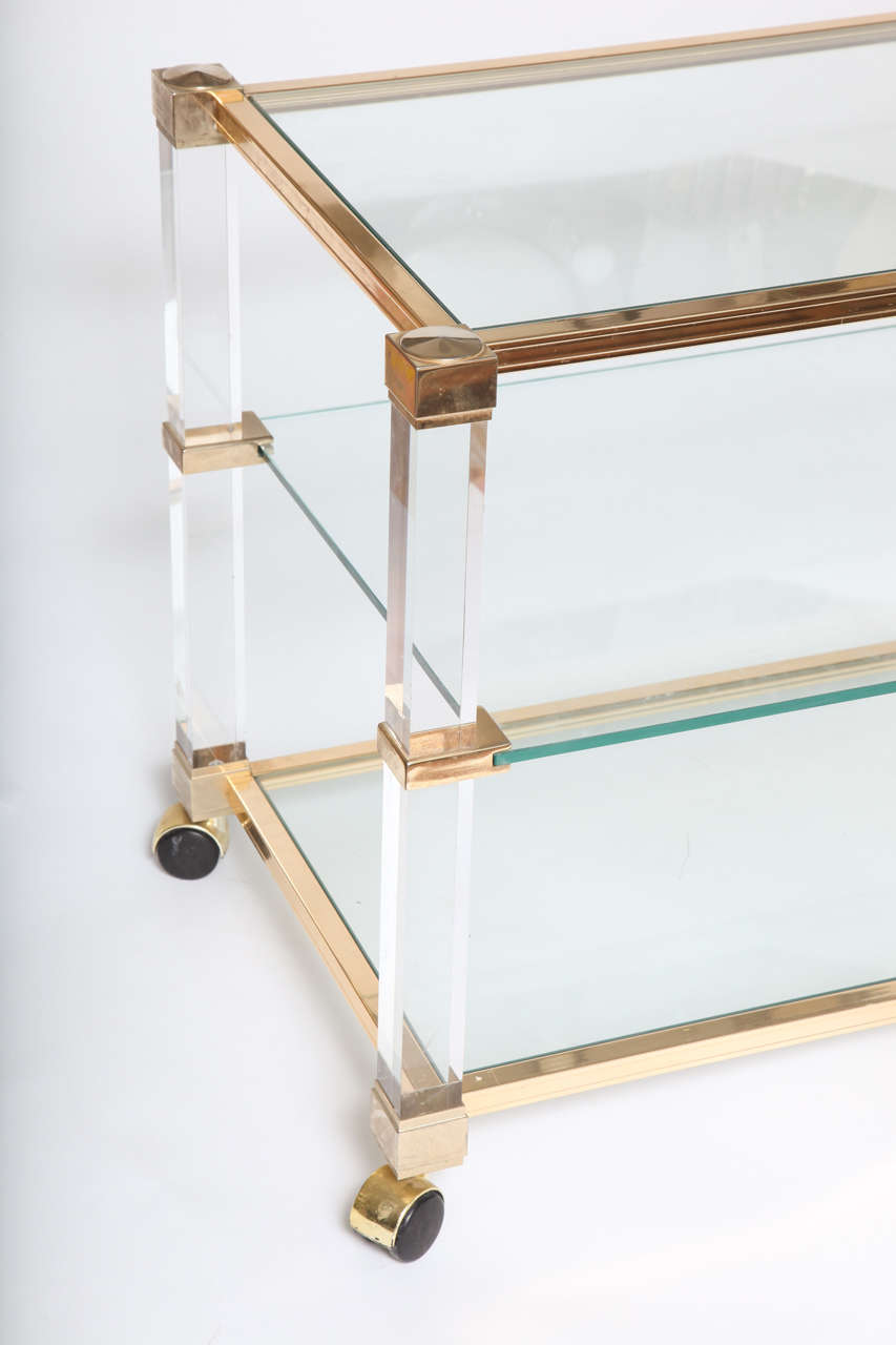 Pierre Vandel Lucite, Glass and Brass Rolling Tea/Bar Cart In Good Condition In New York, NY