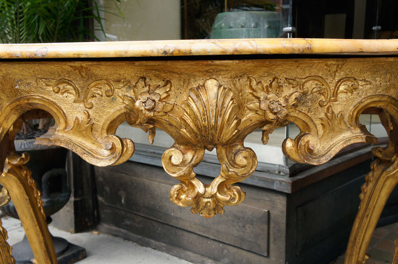 Italian Roman Gilt Wood & Sienna Marble Topped Console Table For Sale