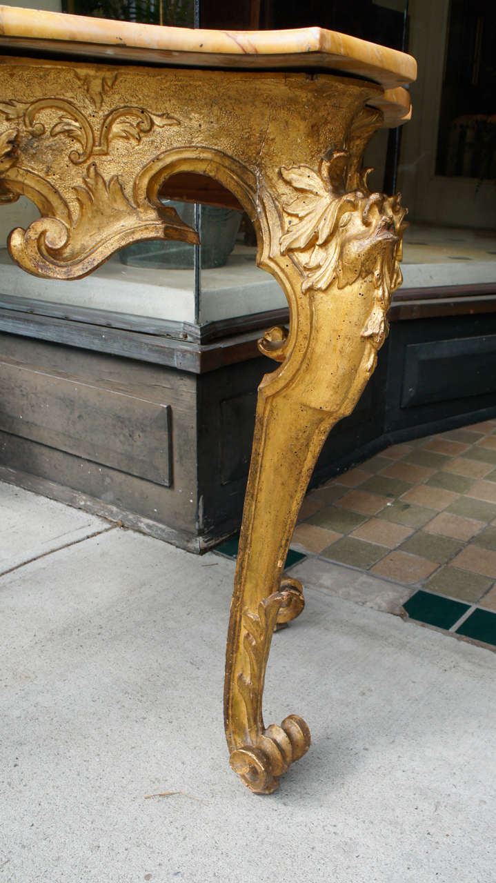 Carved Roman Gilt Wood & Sienna Marble Topped Console Table For Sale