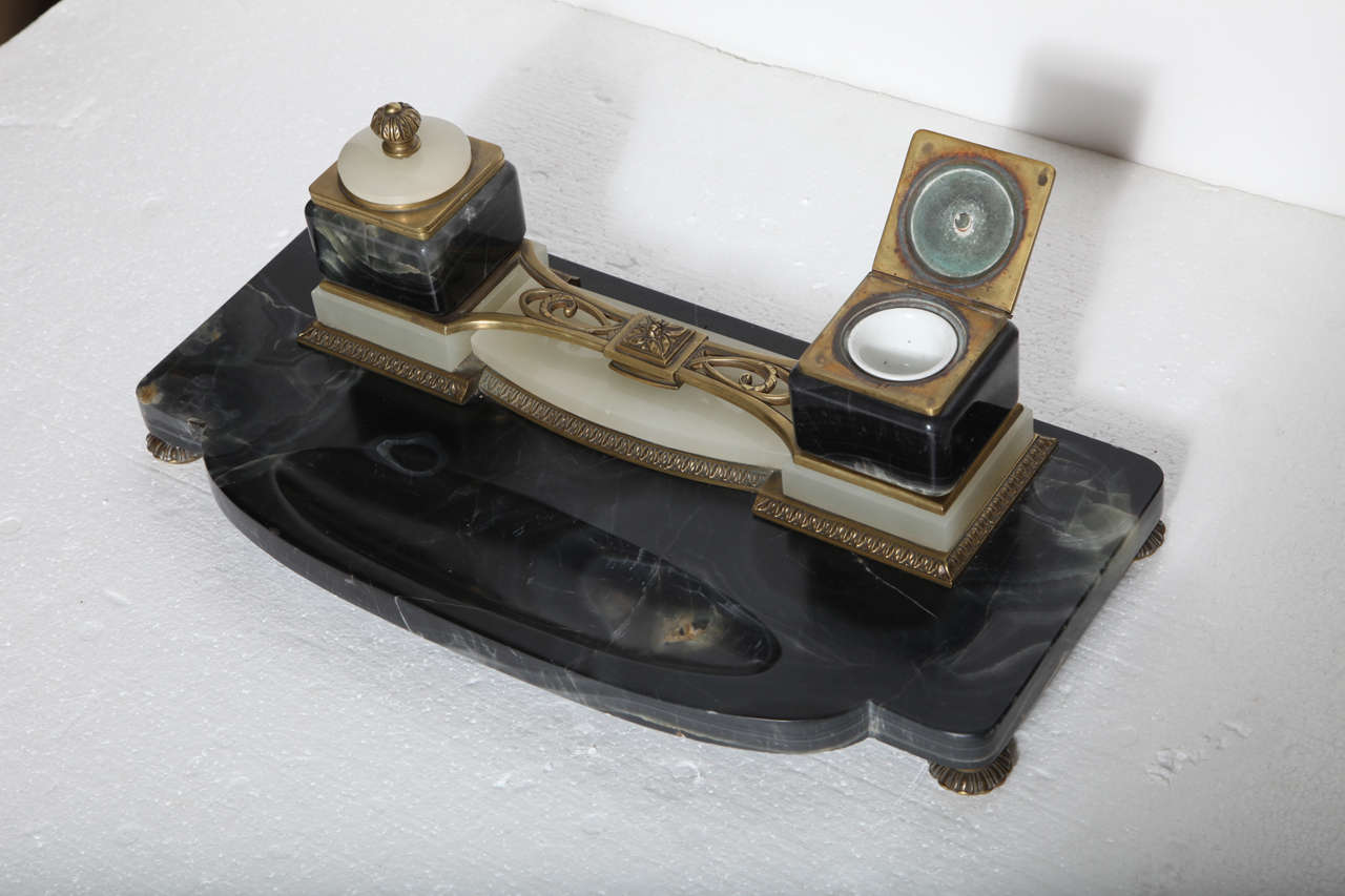 Late 19th Century Art Nouveau Double Inkwell of Marble, Alabaster and Bronze