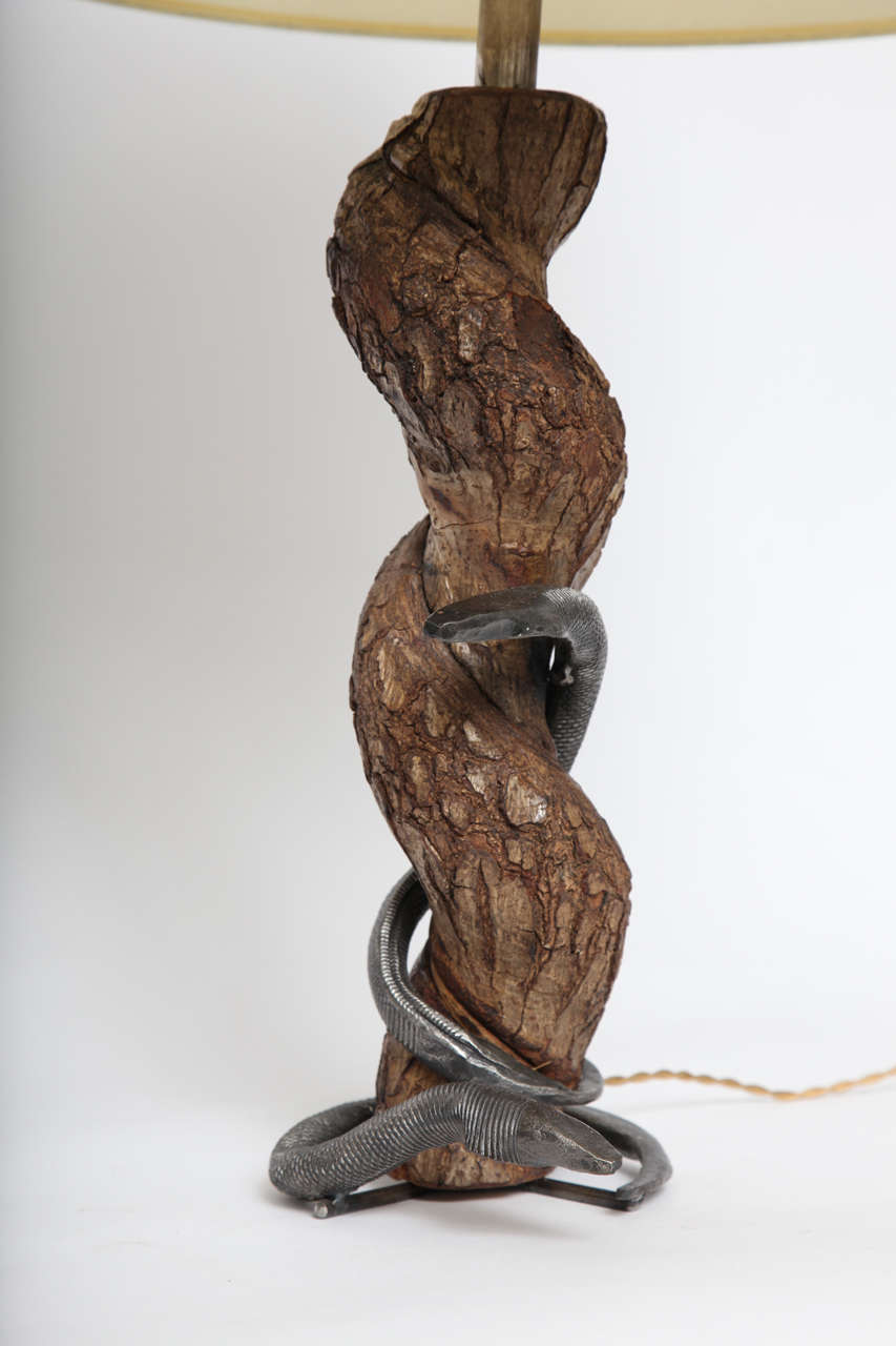 Mid-Century Modern Table Lamp Sculptural Snake Wood and Wrought Iron, France, 1940s For Sale