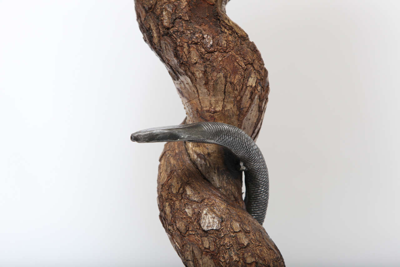 Hand-Carved Table Lamp Sculptural Snake Wood and Wrought Iron, France, 1940s For Sale