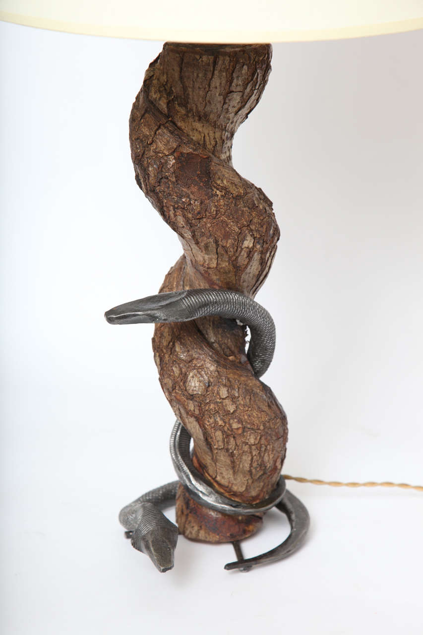 Table Lamp Sculptural Snake Wood and Wrought Iron, France, 1940s For Sale 1