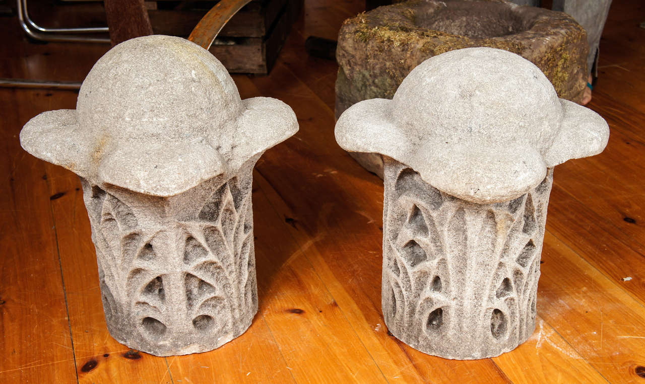 Unusual Asian Motif In Carved Flower Decorated Limestone Finials