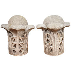 Unusual Asian Motif In Carved Flower Decorated Limestone Finials