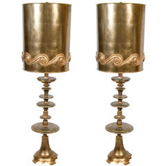 Pair of Tall Gilt Wood Table Lamps by James Mont