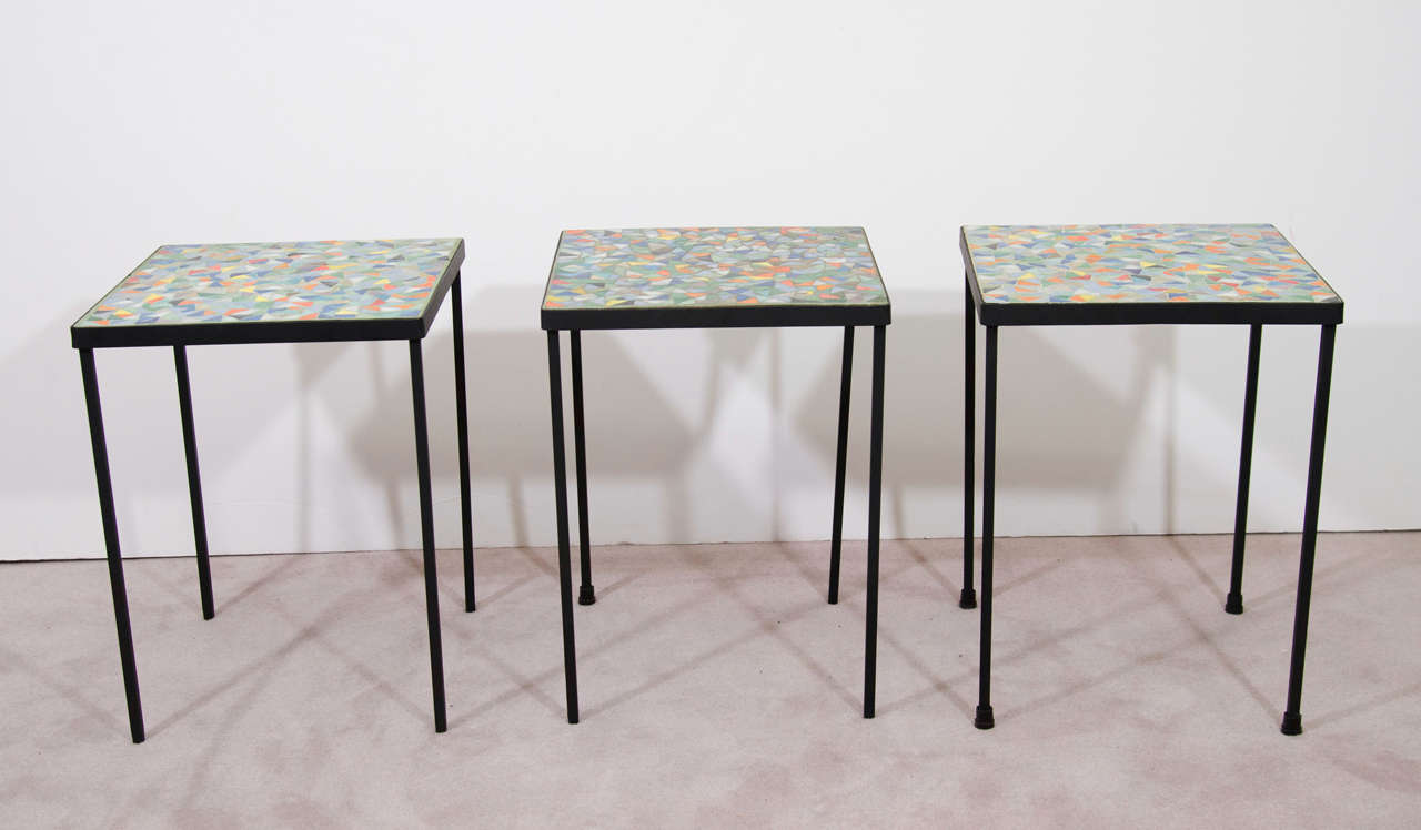 Mid Century Set of 3 Stacking Tables w/ Murano Glass Tile Tops In Good Condition In New York, NY